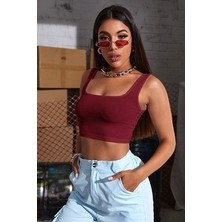 Askılı Kadın Crop Top Büstiyer, Kare Yaka Crop Top Büstiyer, Kalın Askılı Crop