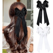 Brave Bull Pieces Silky Satin Bow Hair Clip Beige Black Hairband Ponytail Holder Accessories Metal Clip Bow Women Girls Children (Yurt Dışından)