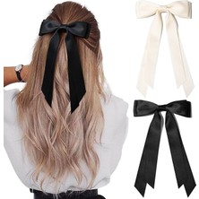 Brave Bull Pieces Silky Satin Bow Hair Clip Beige Black Hairband Ponytail Holder Accessories Metal Clip Bow Women Girls Children (Yurt Dışından)