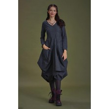 Derin V Yaka Uzun Kollu Balon Gri Elbise