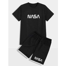 Nasa T-Shirt Şort - Siyah Alt Üst Kombin Şort Tişört Takım Baskılı Oversize Bisiklet Yaka