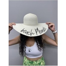 Geniş Kenarlı Beach Please Hasır Plaj Şapkası Ekru