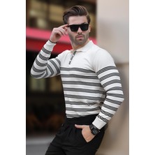 Beyaz Düğmeli Polo Yaka Çizgili Uzun Kollu Kazak 7270