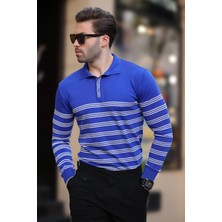 Saks Düğmeli Polo Yaka Çizgili Uzun Kollu Kazak 7270