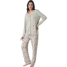 Pijadore Kadın Yeşil Viskon Düğmeli Uzun Kollu Pijama Takımı 1728
