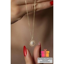 Lucente Jewellery Özel Hediye Kutulu Altın Kaplama Güneş Kolyesi Zirkon Taşlı Güneşli Gümüş Zincirli Kolye