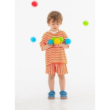 Plant Mini Kids Summer Yarım Kollu Turuncu ve Beyaz Renk, %100 Pamuk Bisiklet Beyaz Yaka Çizgili Çocuk T-Shirt