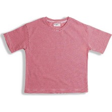 Plant Mini Kids Raspberry Kırmızı ve Beyaz Çizgili, %100 Pamuk, Yarım Kollu Bisiklet Yaka Çocuk T-Shirt