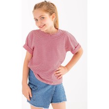 Plant Mini Kids Raspberry Kırmızı ve Beyaz Çizgili, %100 Pamuk, Yarım Kollu Bisiklet Yaka Çocuk T-Shirt