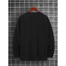 Siyah Minimal Jupiter Baskılı Oversize Sweatshirt Bisiklet Yaka Kışlık Şardonlu Kalın