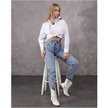 Kadın Yüksek Bel Kar Yıkama Düz Renk Mom Jean Kot Pantolon 2024