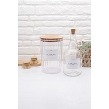 Zeze Desing Ahşap Kapaklı Oval Çizgili Deterjan Kavanozu 2200ML-YUMUŞATICI Şişesi 1000ML