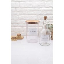 Zeze Desing Ahşap Kapaklı Oval Çizgili Deterjan Kavanozu 2200ML-YUMUŞATICI Şişesi 1000ML