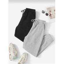 Ikili Jogger Eşofman Altı-Siyah ve Gri Lastik Paça Yüksek Bel Eşofman