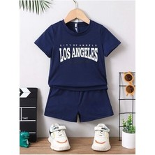 Los Angeles California Baskılı Pamuk Çocuk Lacivert Şort T-Shirt Takım - Yazlık Bisiklet Yaka