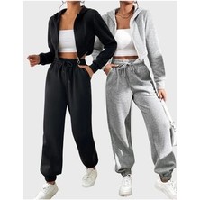 Ikili Jogger Eşofman Altı-Siyah ve Gri Lastik Paça Yüksek Bel Eşofman