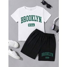 Kız Erkek Çocuk Beyaz Brooklyn Baskılı Tişört-Şort Takımı