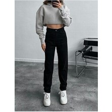 Leo Penelope Kadın Siyah Likralı Yüksek Bel Boyfriend Mom Jean Pantolon C599