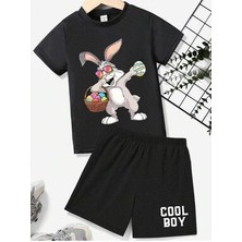 Erkek/kız Çocuk Siyah ''paskalya Tavşanı'' Baskılı Şort-Tişört Takımı