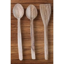 Zeytin Ağacı El Yapımı 3 Parça Tahta Kaşık Spatula Seti Büyük Boy
