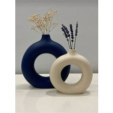 Lisyantus Home Dekoratif Seramik Lacivert -Bej 2 Li Halka Vazo Bohem Set