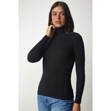 Balıkçı Yaka Fitilli Basic Kazak Siyah