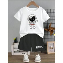 Nasa Baskı Pamuk Çocuk Takım Beyaz T-Shirt Siyah Şort - Kız Erkek Çocuk Yazlık Bisiklet Yaka