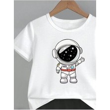 Nasa Baskı Pamuk Çocuk Takım Beyaz T-Shirt Siyah Şort - Kız Erkek Çocuk Yazlık Bisiklet Yaka