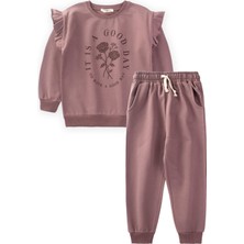 Cigit Gül Baskılı Kız Sweatshirt Takım 3-14 Yaş Mürdüm
