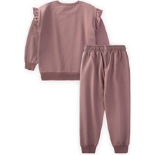 Cigit Gül Baskılı Kız Sweatshirt Takım 3-14 Yaş Mürdüm