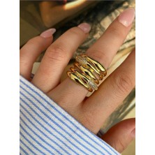 Pinery Jewels Vıp Seri - 5 Sıra Zirkon Taşlı Tasarım Alttan Ayarlanabilir Altın Kaplama Kadın Yüzük