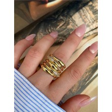 Pinery Jewels Vıp Seri - 5 Sıra Zirkon Taşlı Tasarım Alttan Ayarlanabilir Altın Kaplama Kadın Yüzük