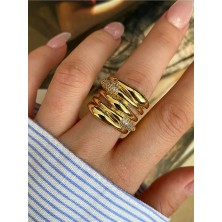Pinery Jewels Vıp Seri - 5 Sıra Zirkon Taşlı Tasarım Alttan Ayarlanabilir Altın Kaplama Kadın Yüzük