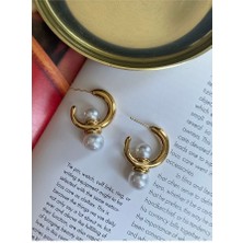 Pinery Jewels Vintage Incili C Sallantılı Çelik Kararmaz Altın Kaplama Küpe Çifti