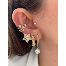 Pinery Jewels Top Incili Zirkon Taşlı Yıldız 3'lü Altın Kaplama Kadın Küpe Seti