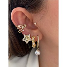 Pinery Jewels Top Incili Zirkon Taşlı Yıldız 3'lü Altın Kaplama Kadın Küpe Seti
