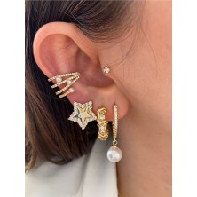 Pinery Jewels Top Incili Zirkon Taşlı Yıldız 3'lü Altın Kaplama Kadın Küpe Seti