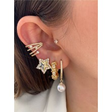 Pinery Jewels Top Incili Zirkon Taşlı Yıldız 3'lü Altın Kaplama Kadın Küpe Seti