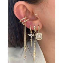Pinery Jewels Baget ve Zirkon Taşlı 3'lü Altın Kaplama Kadın Küpe Seti