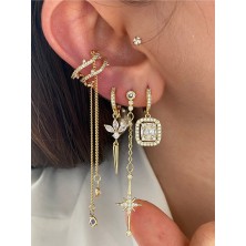 Pinery Jewels Baget ve Zirkon Taşlı 3'lü Altın Kaplama Kadın Küpe Seti