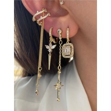 Pinery Jewels Baget ve Zirkon Taşlı 3'lü Altın Kaplama Kadın Küpe Seti