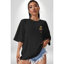 Spor Eşofman Takımı Sarı Kedi Insan Siyah Oversize Kadın Erkek Ön Sol Yan Minimal Baskılı Tişört