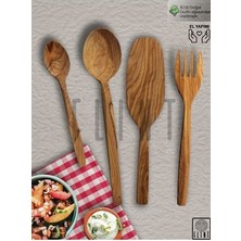 Zeytin Ahşap Tahta Kaşık Çatal Spatula 4'lü Set Tahta Yemek Servis Seti Mutfak Seti