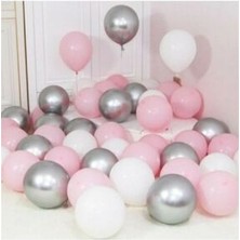 Krom Gümüş ve Makaron (Pastel) Pembe Renk 15 Li Balon