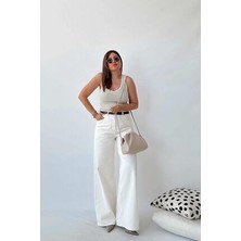 Penolope Kadın Krem Rengi Yüksek Bel Wide Leg Jean
