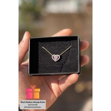 Lucente Jewellery Hediye Kutulu Pembe Taşlı Gümüş Zincirli Kalpli Kolye 925 Ayar Altın Kaplama Kalp Modeli Kolyesi