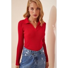 Polo Yaka Fitilli Crop Triko Kazak Kırmızı