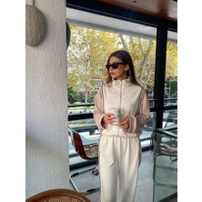 Nice Boutique Yanları Bej Şeritli Önü Fermuarlı Kadın Eşofman Takımı