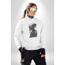 Uzaylı Predator Canavar Kadın Erkek  Beyaz Baskılı Sweatshirt