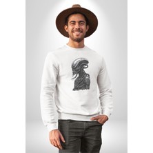 Uzaylı Predator Canavar Kadın Erkek  Beyaz Baskılı Sweatshirt